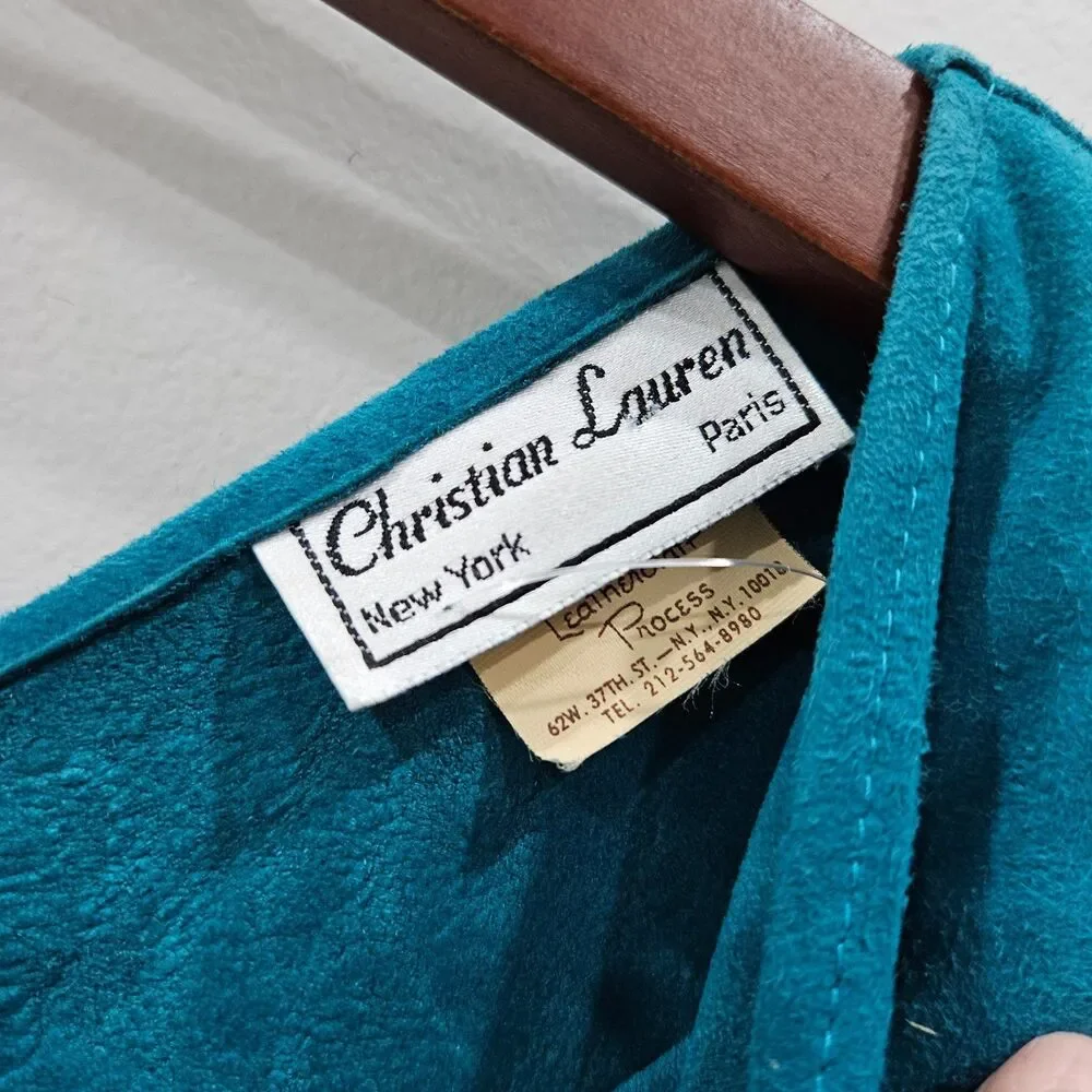 Vintage Christian Lauren Suede Leather Dress M Blue Tiered Western Minimalist